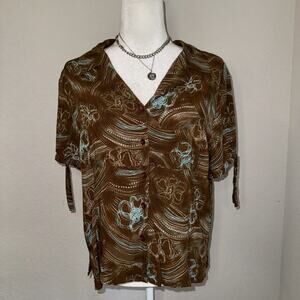 Vintage Sag Harbor Shirt Women's 16 Brown Floral Blouse Tie Sleeve Button-Up